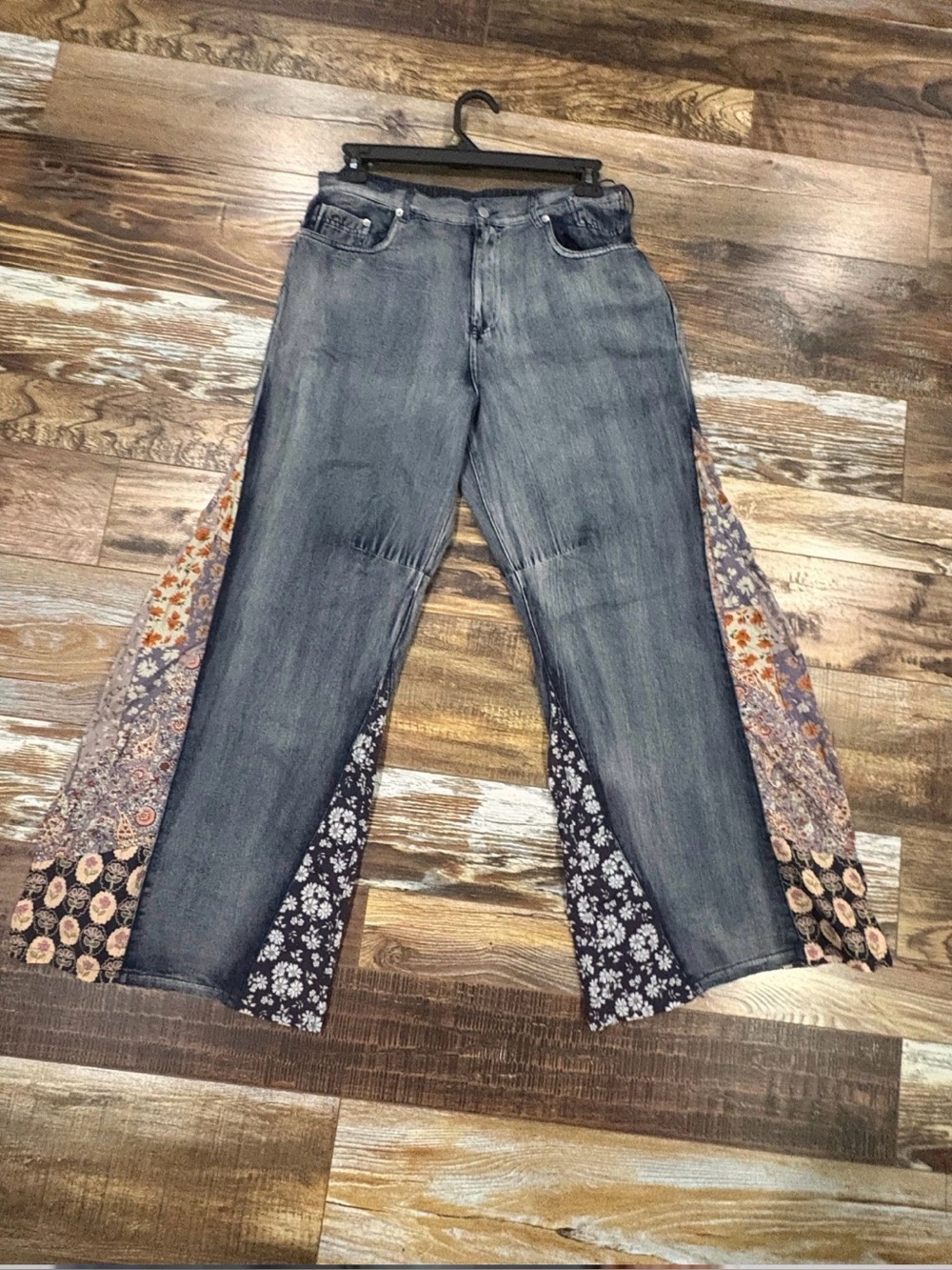 Blue Velvet Flare Jeans with Floral Panels
